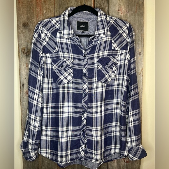 Rails Kendra Plaid Flannel Button Front Shirt Chambray Lined in Indigo sz M - Picture 2 of 14